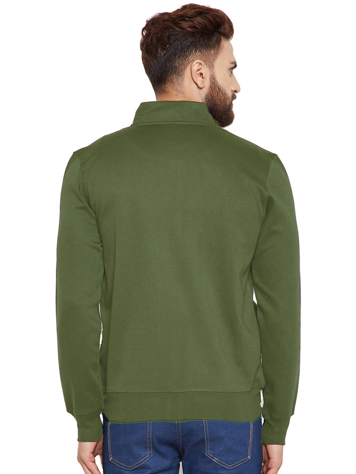 Men olive Solid Mandarin Collar Sweatshirt
