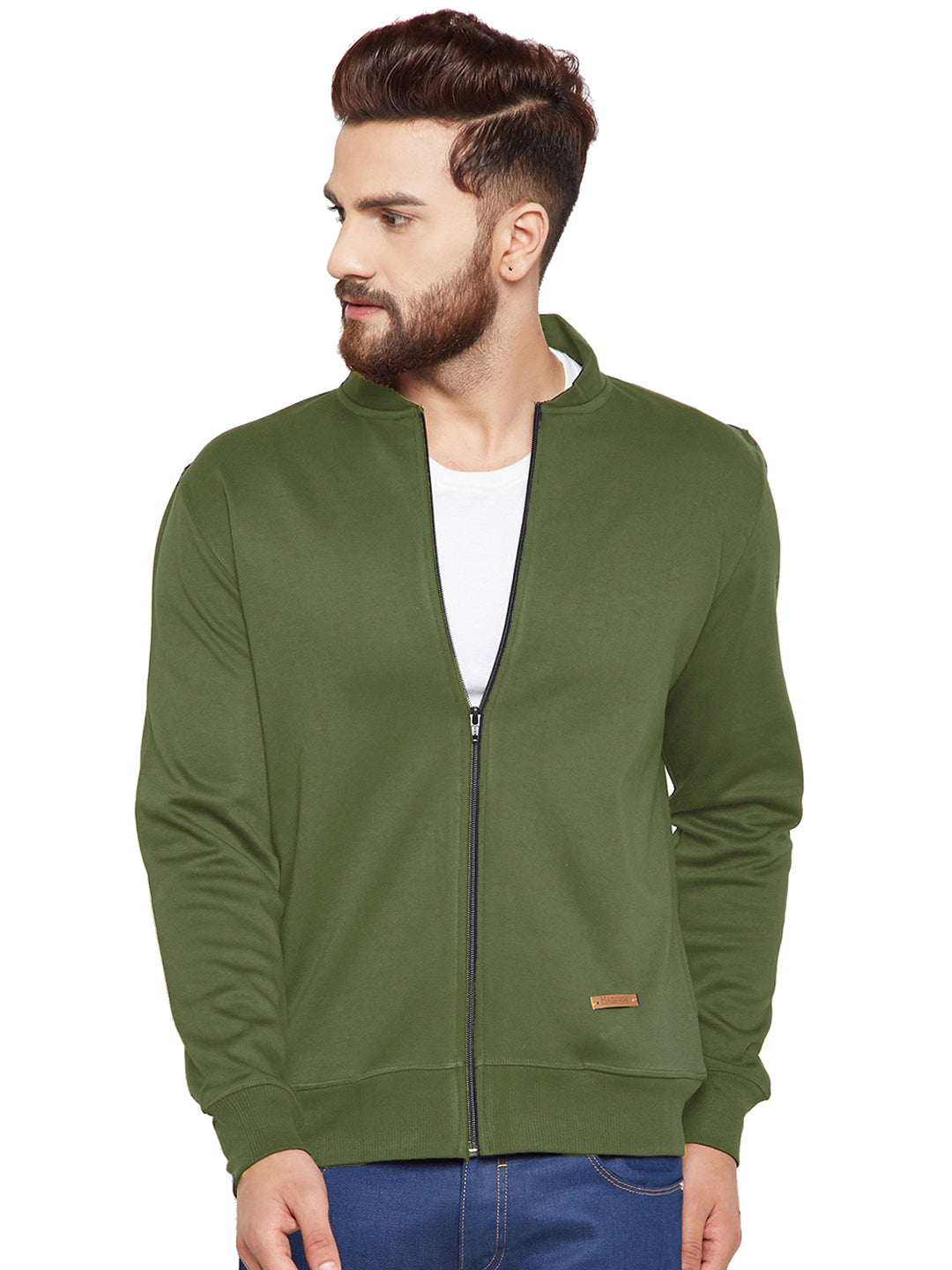 Men olive Solid Mandarin Collar Sweatshirt