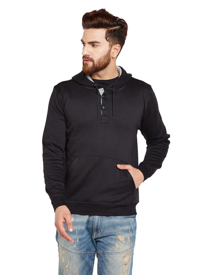Men Black Solid Hooded Sweatshirt