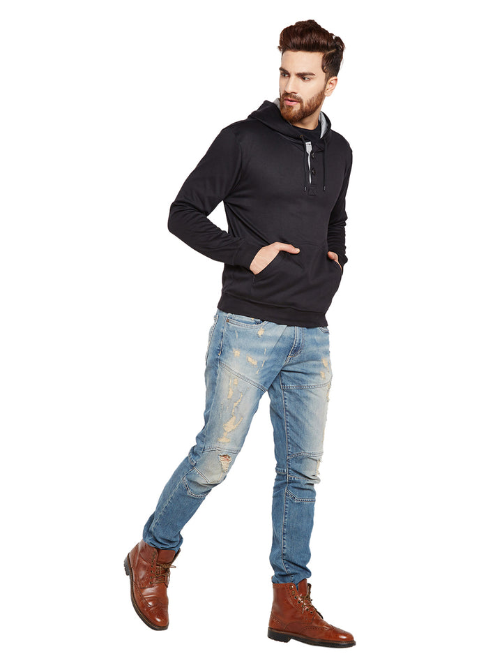 Men Black Solid Hooded Sweatshirt