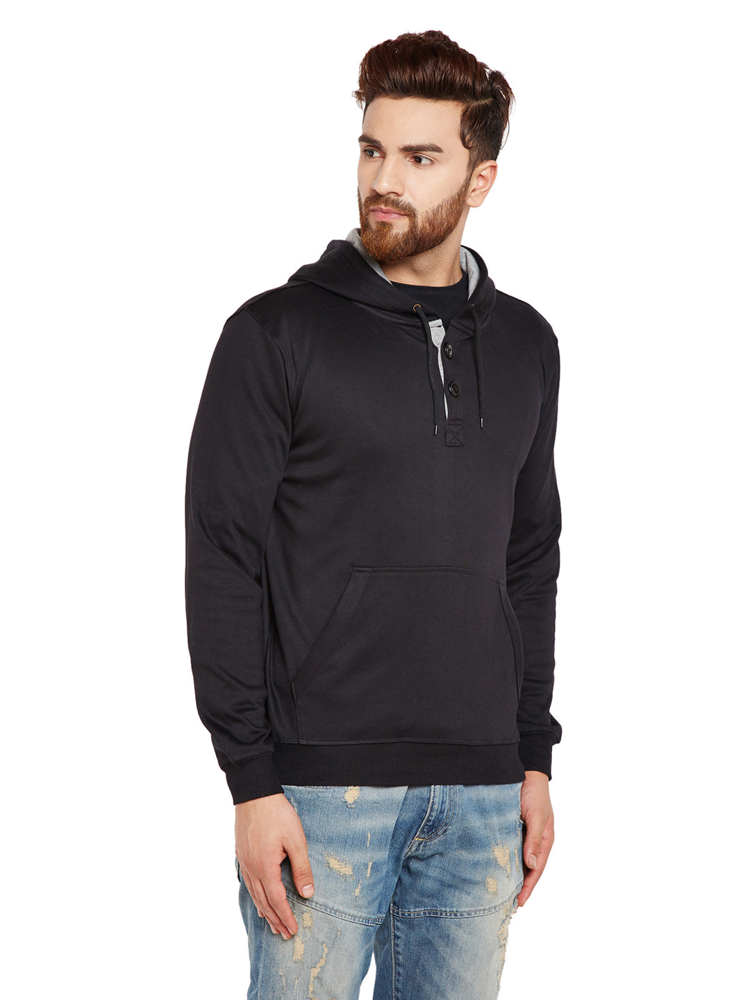 Men Black Solid Hooded Sweatshirt