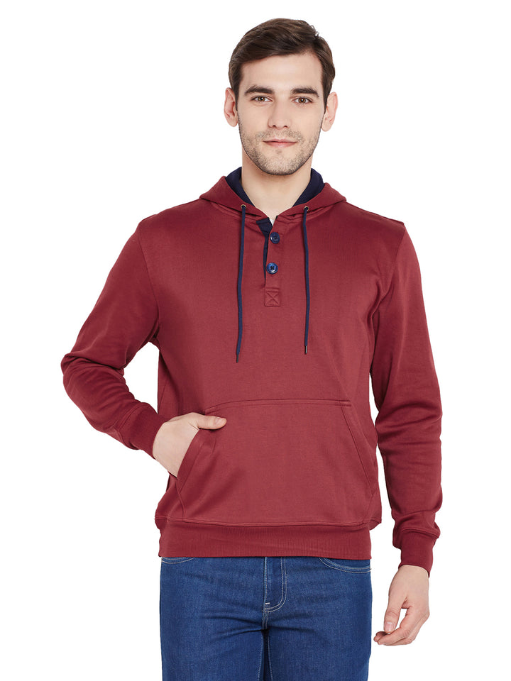Men Maroon Solid Hooded Sweatshirt