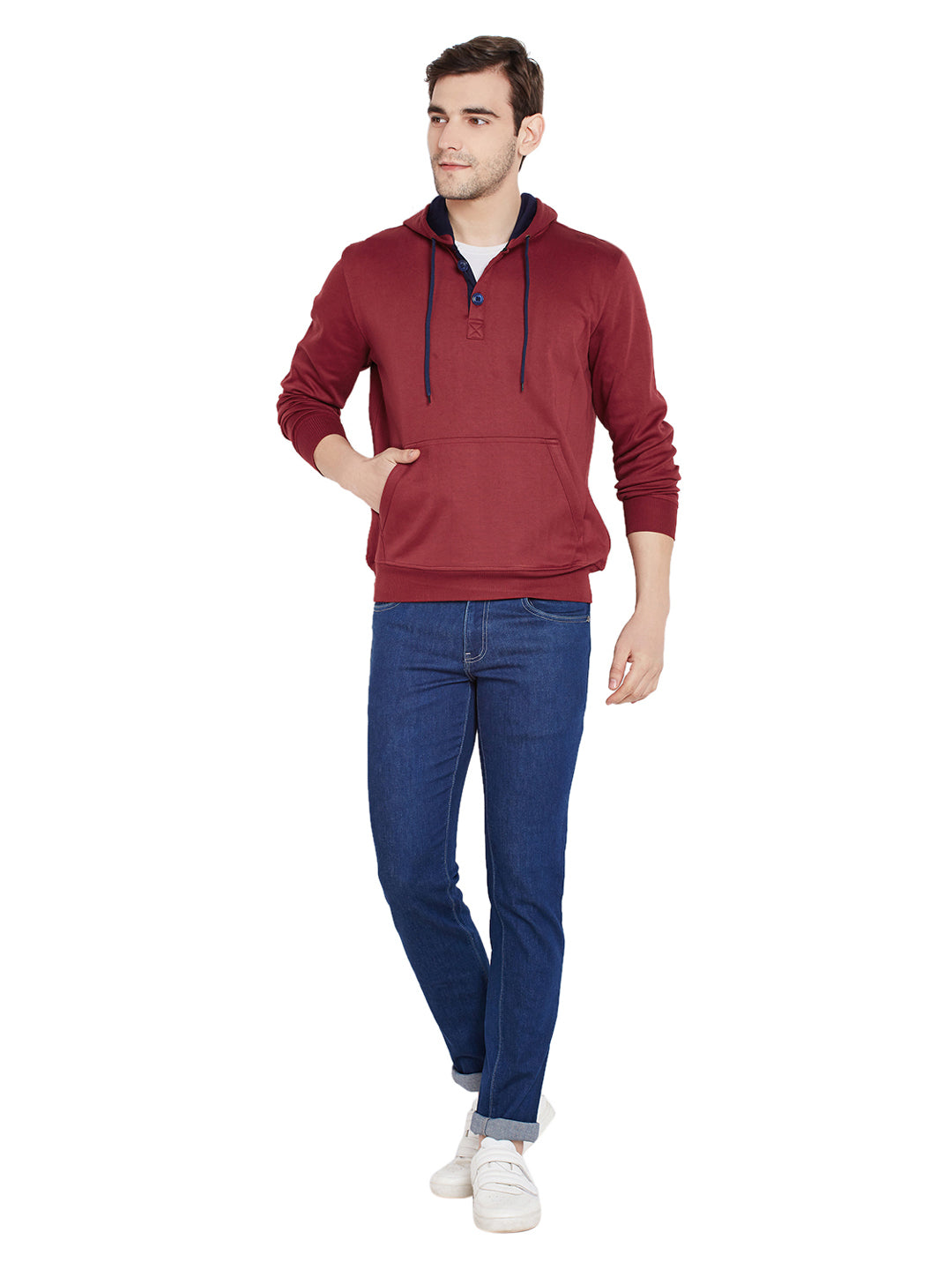 Men Maroon Solid Hooded Sweatshirt
