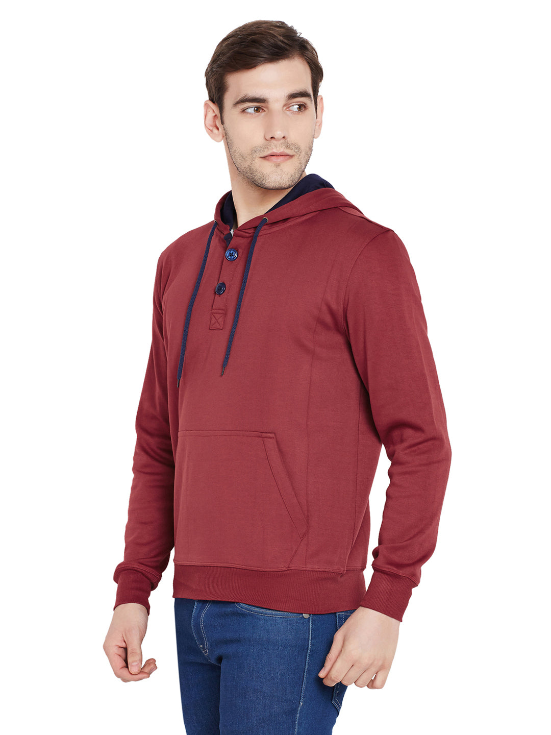 Men Maroon Solid Hooded Sweatshirt