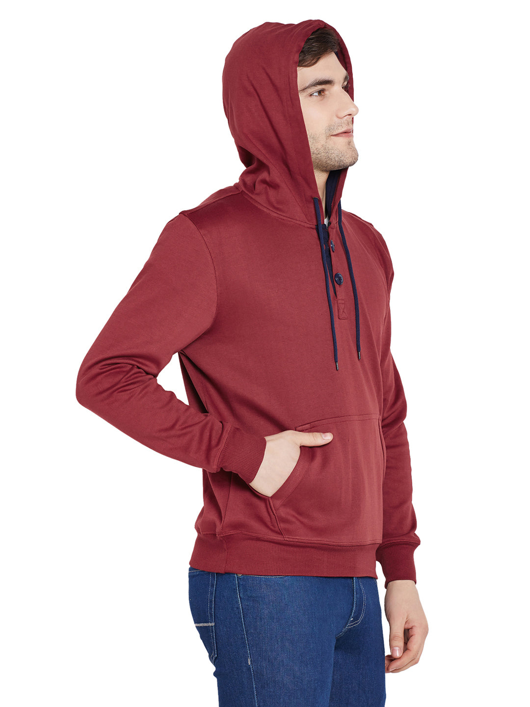 Men Maroon Solid Hooded Sweatshirt