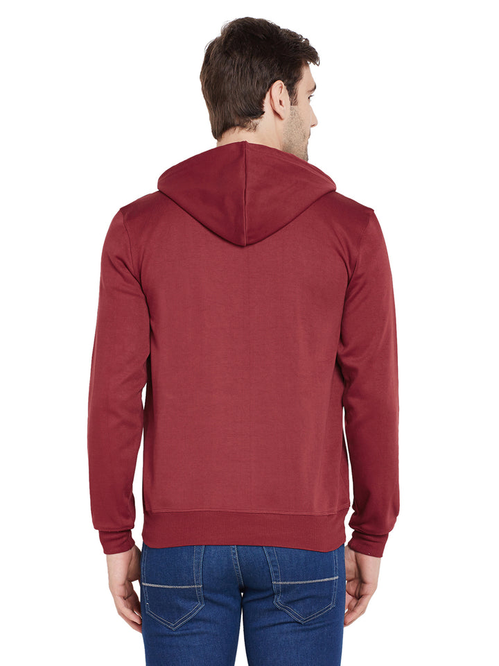 Men Maroon Solid Hooded Sweatshirt