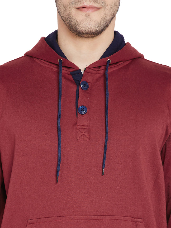Men Maroon Solid Hooded Sweatshirt