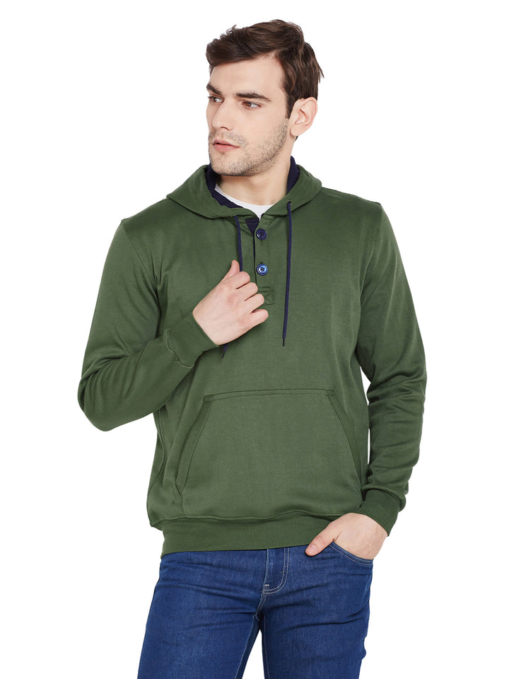 Men Olive Solid Hooded Sweatshirt