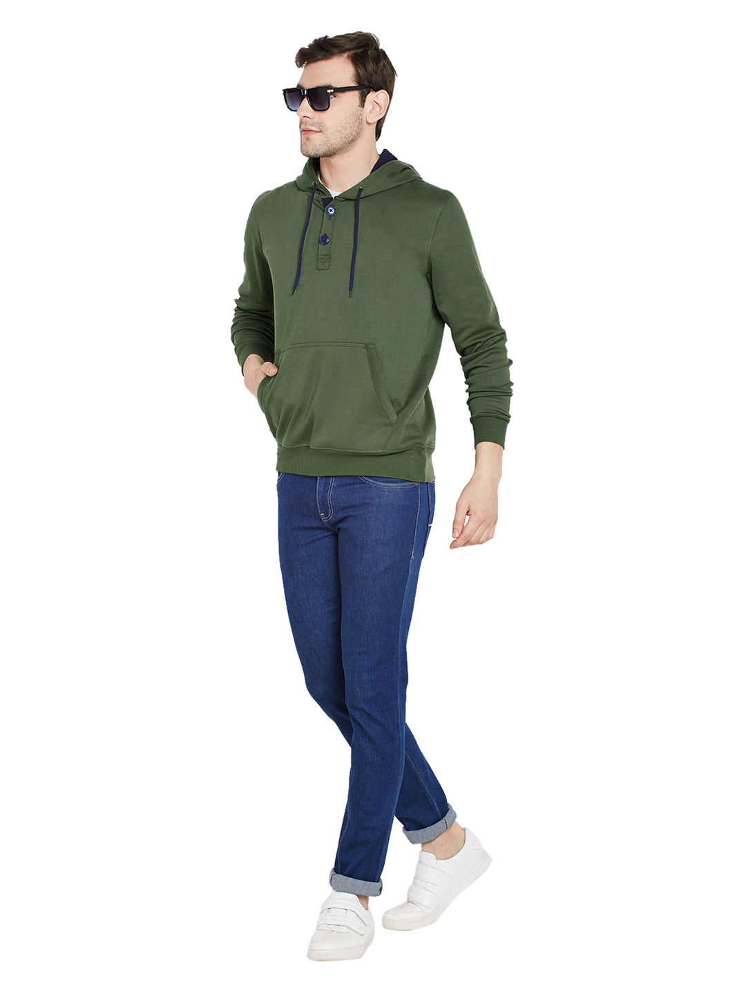 Men Olive Solid Hooded Sweatshirt