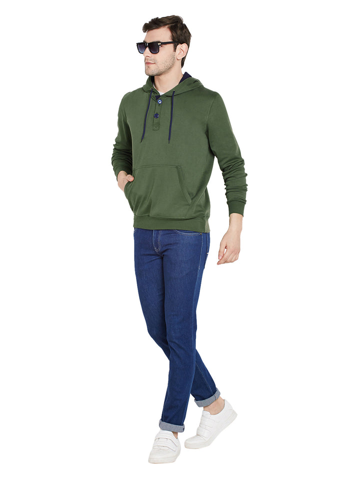 Men Olive Solid Hooded Sweatshirt