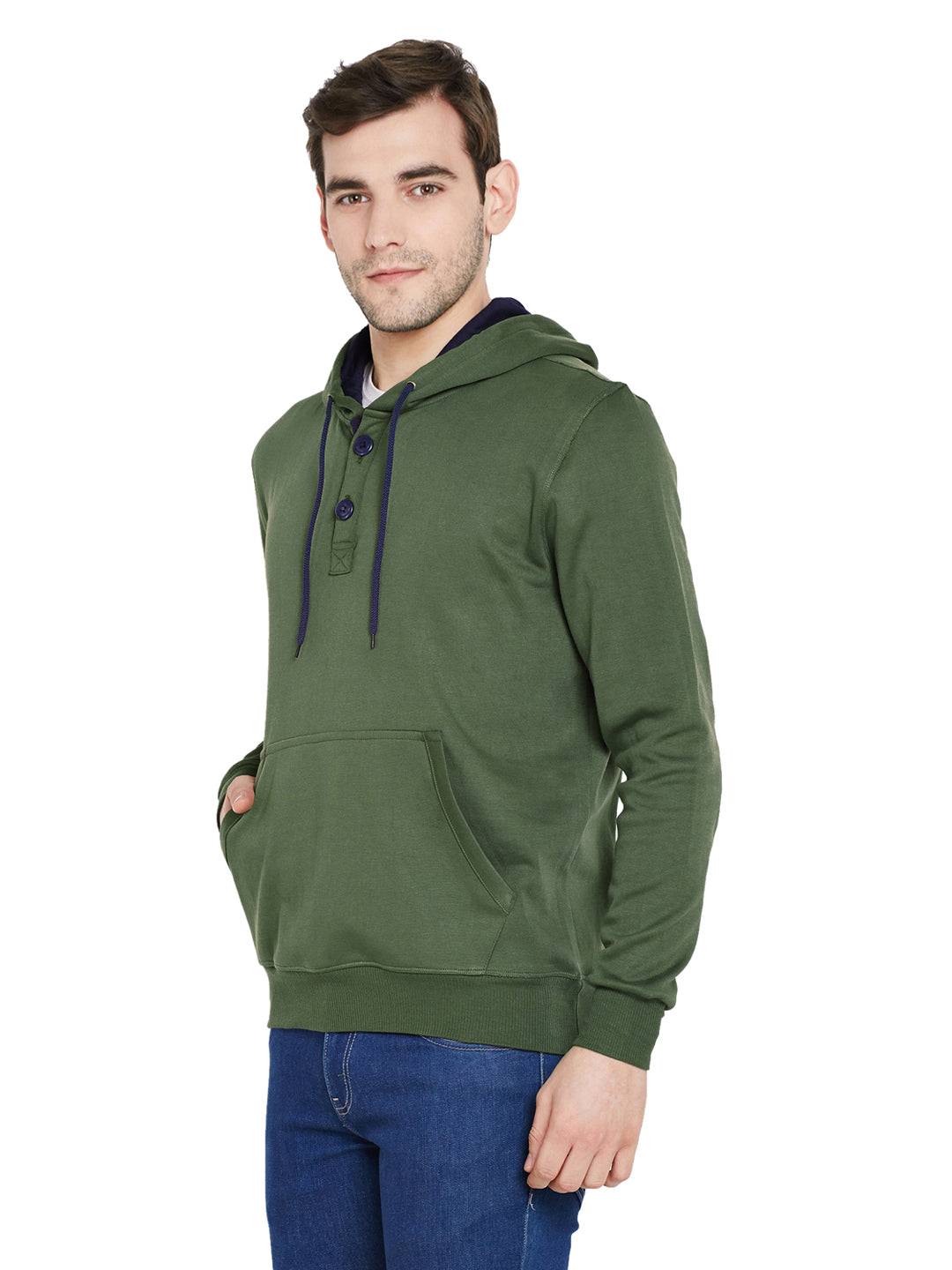 Men Olive Solid Hooded Sweatshirt