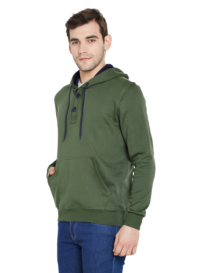 Men Olive Solid Hooded Sweatshirt