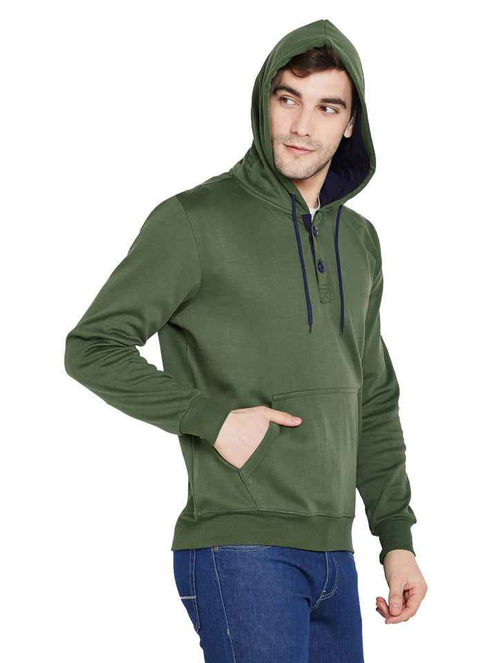 Men Olive Solid Hooded Sweatshirt