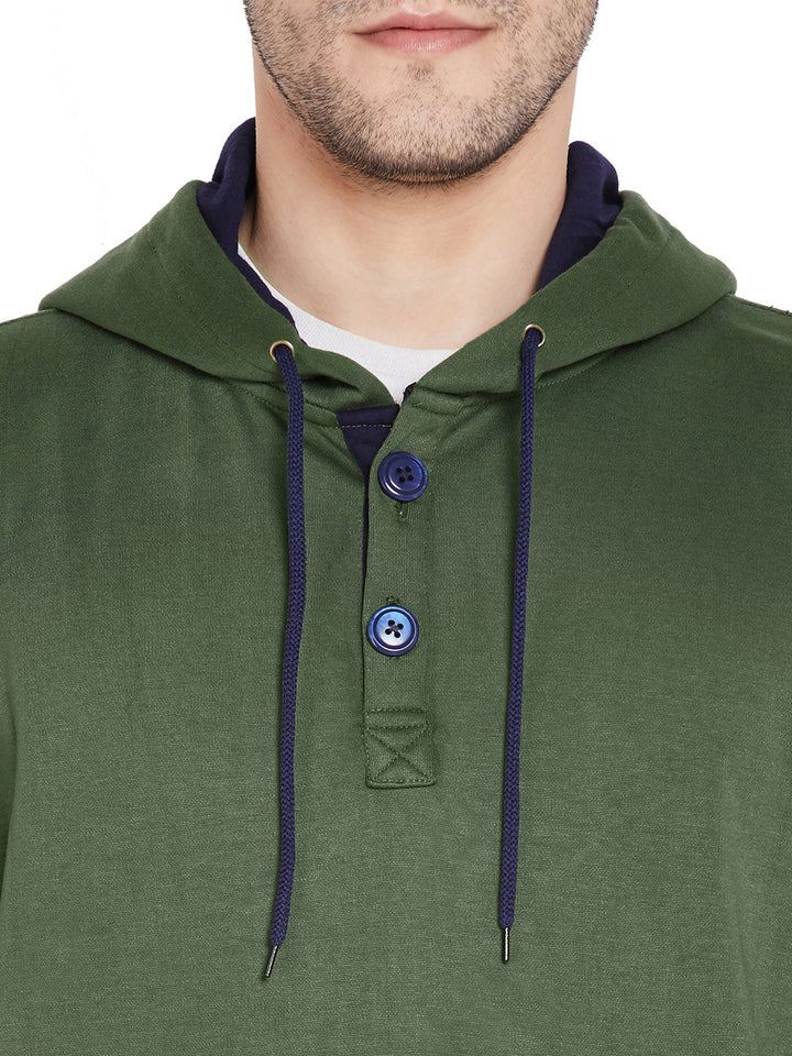 Men Olive Solid Hooded Sweatshirt