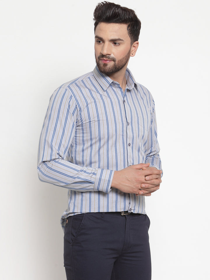 Men Grey Pure Cotton Striped Slim Fit Formal Shirt