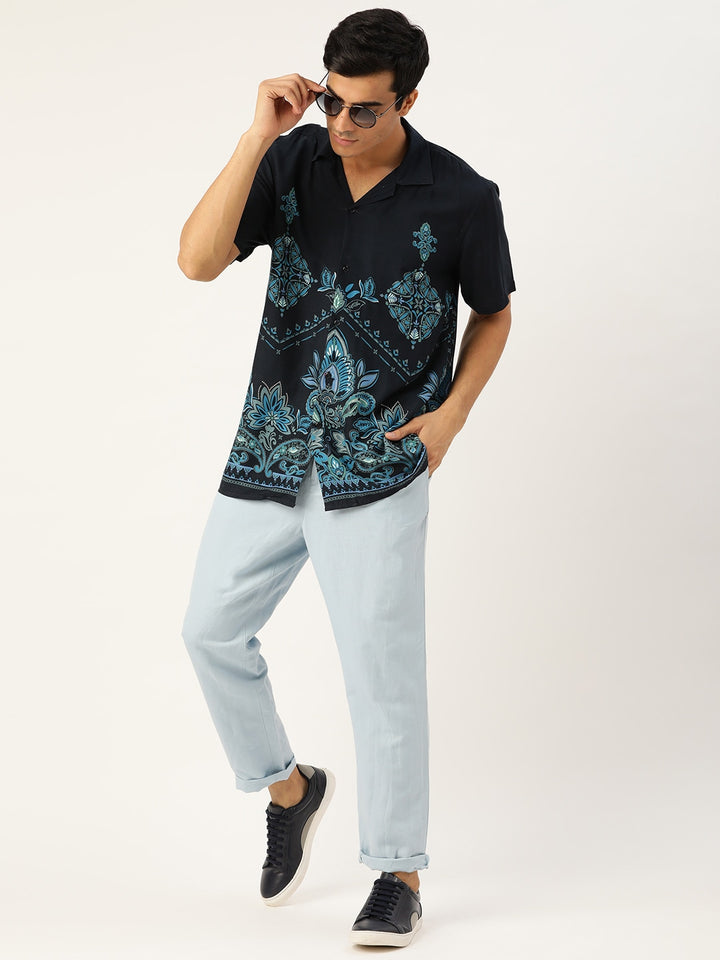 Men Navy Blue & Blue Printed Viscose Rayon Relaxed Fit Casual Resort Shirt