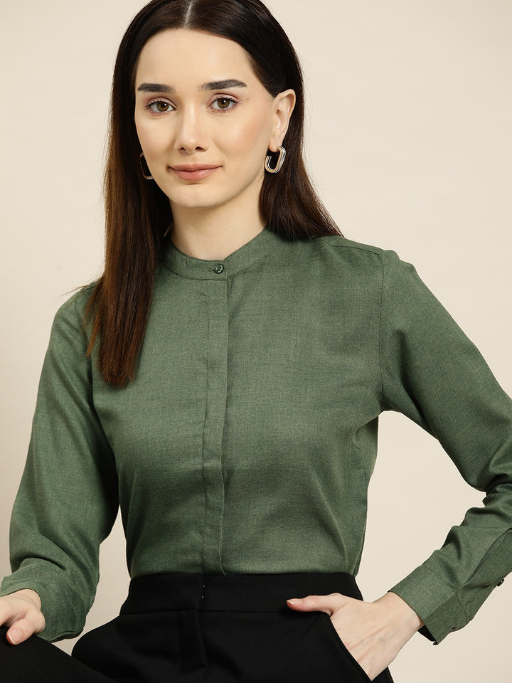 Women Green Solids Pure Cotton Slim Fit Formal Shirt