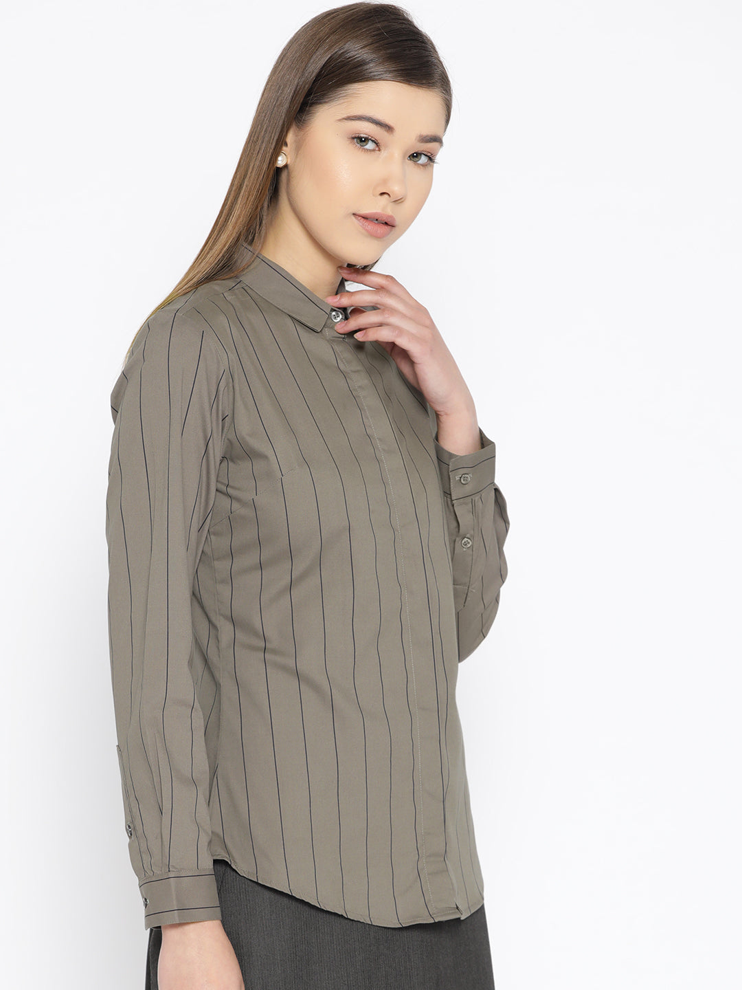 Women Grey Pure Cotton Striped Slim Fit Formal Shirt