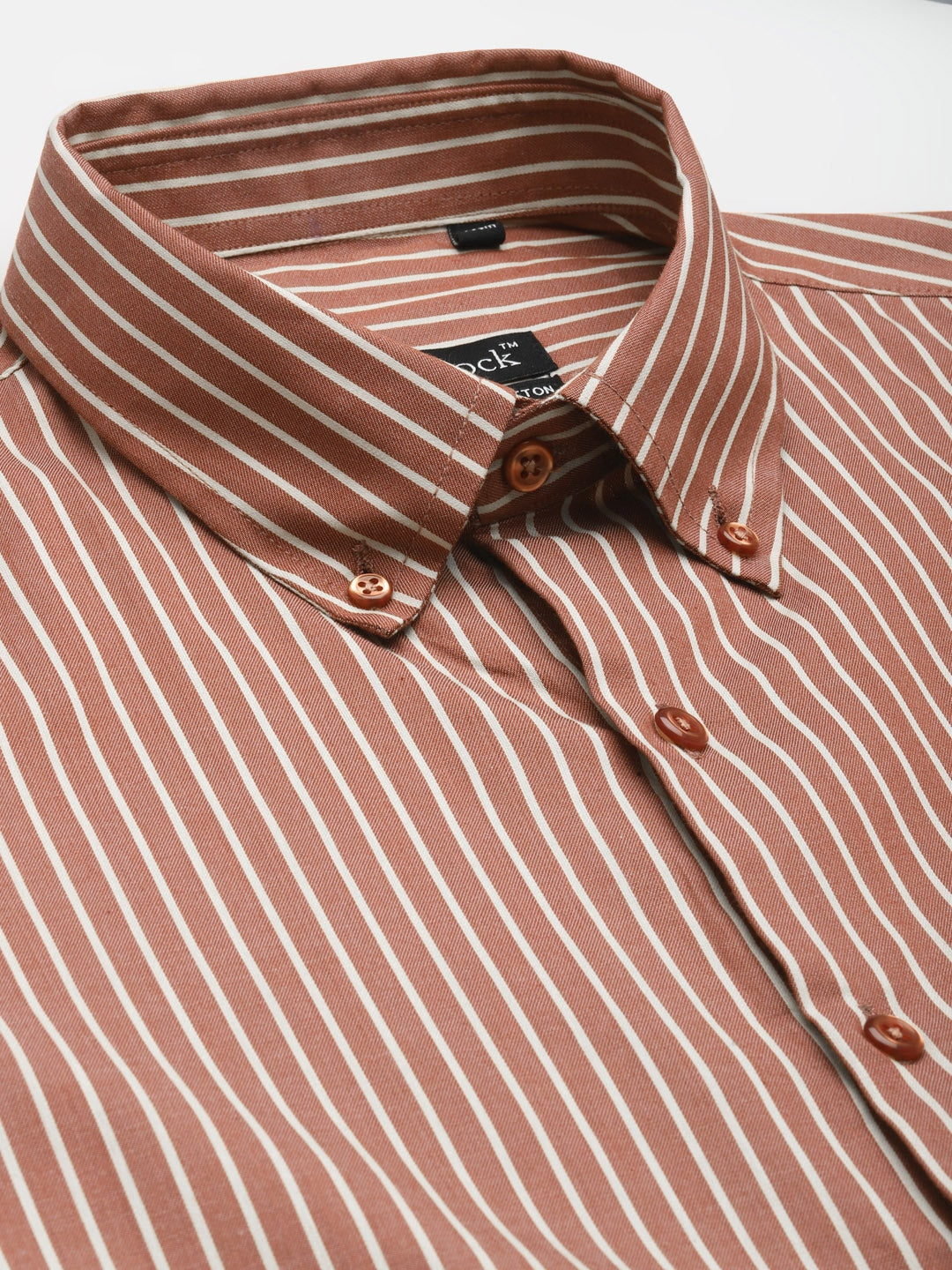 Men Maroon Stripes Button Down Collar Pure Cotton Slim Fit Formal Shirt