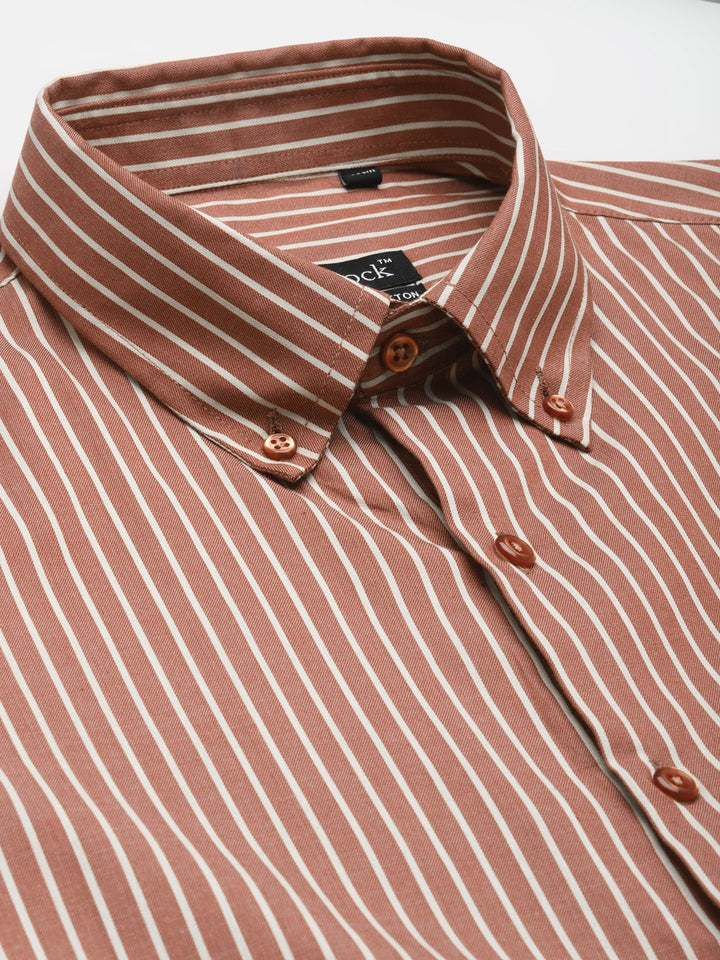 Men Maroon Stripes Button Down Collar Pure Cotton Slim Fit Formal Shirt