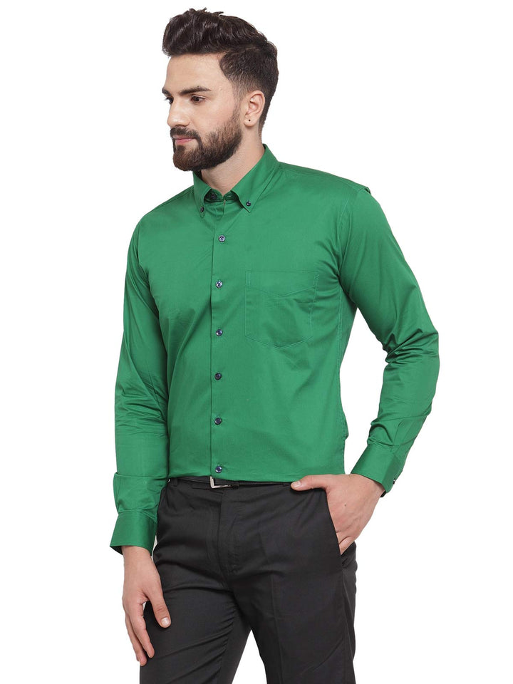 Men Green Pure Cotton Solid Button Down Slim Fit Formal Shirt