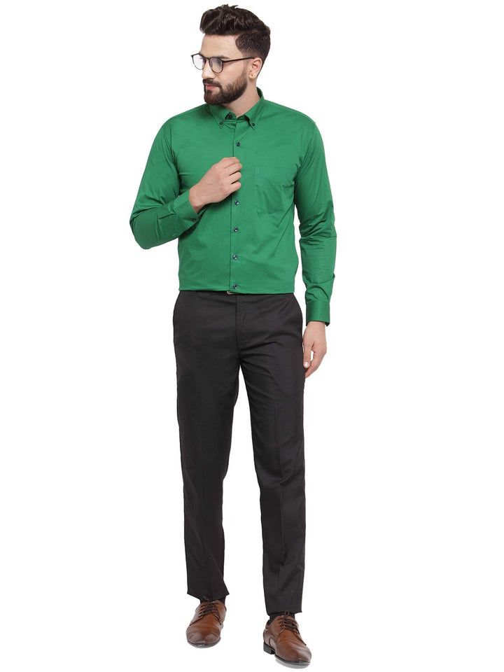 Men Green Pure Cotton Solid Button Down Slim Fit Formal Shirt