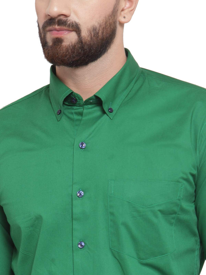 Men Green Pure Cotton Solid Button Down Slim Fit Formal Shirt