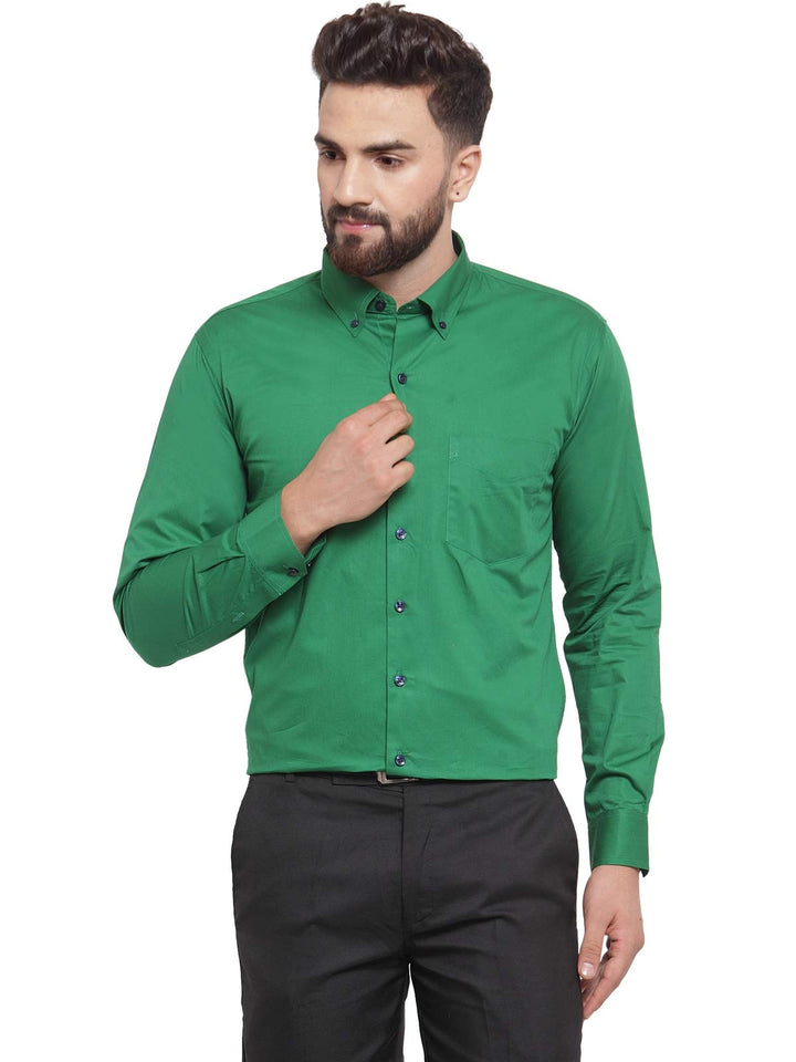 Men Green Pure Cotton Solid Button Down Slim Fit Formal Shirt