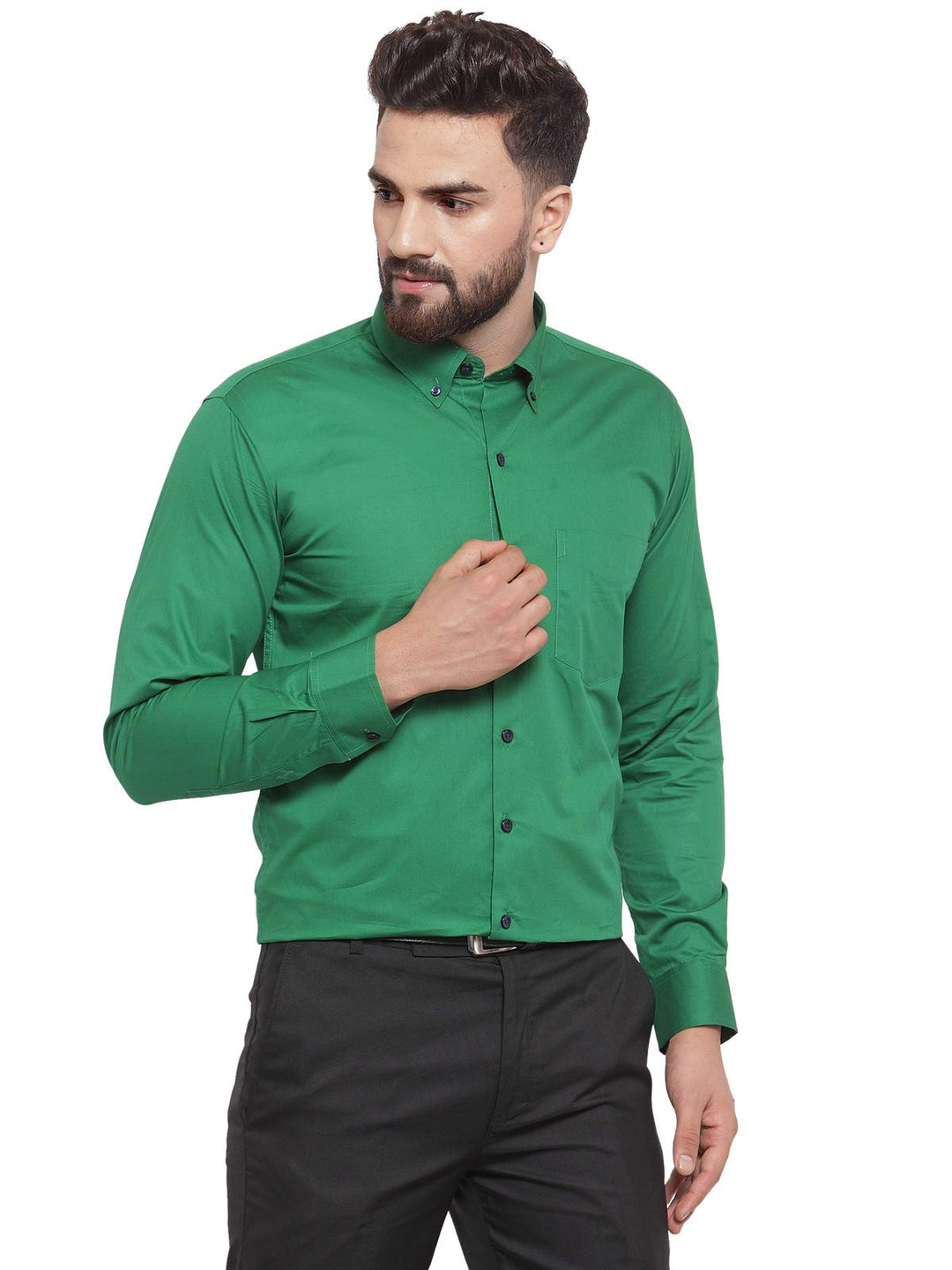 Men Green Pure Cotton Solid Button Down Slim Fit Formal Shirt
