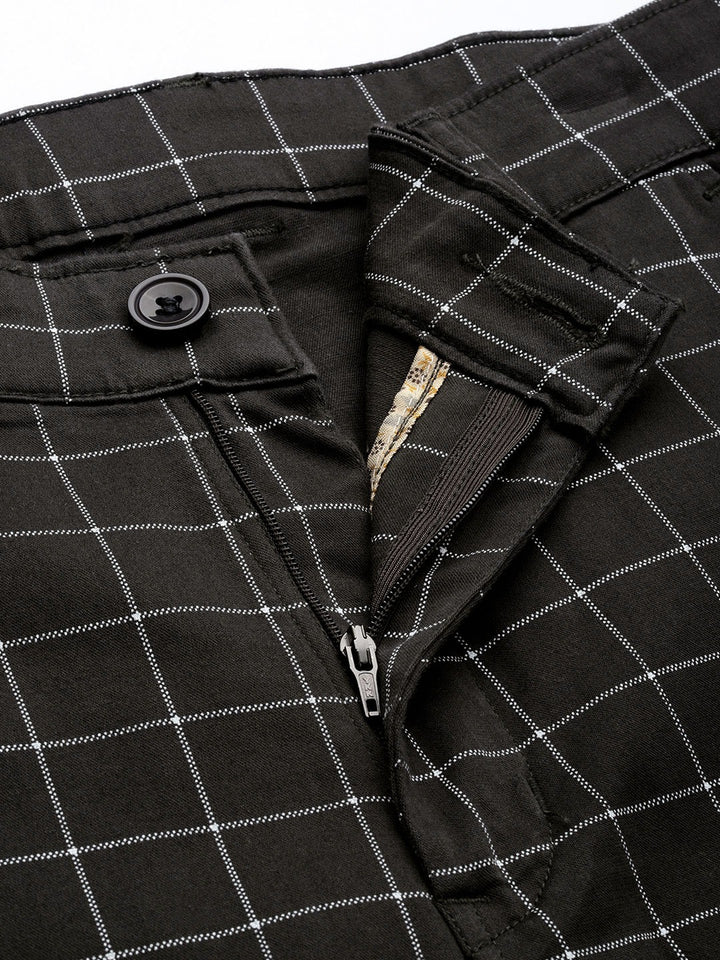 Men Dark Grey Checks Cotton Elastene Slim Fit Formal Trouser