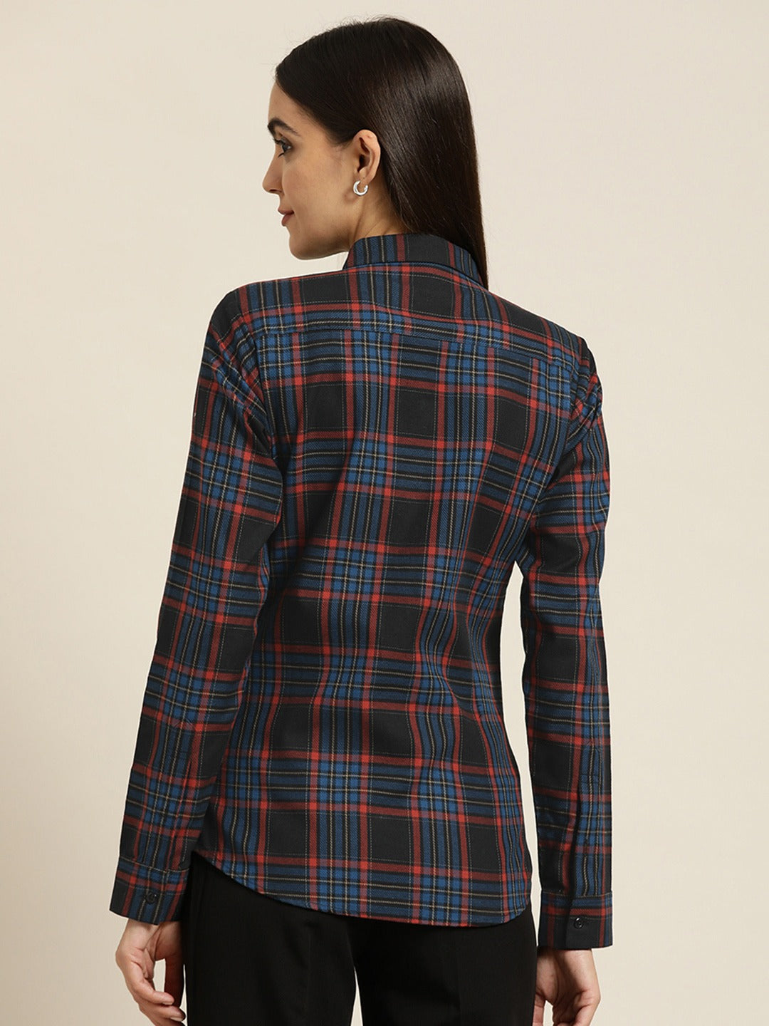 Women Black Red Tartan Plaided Checked Cotton Slim Fit Formal Shirt