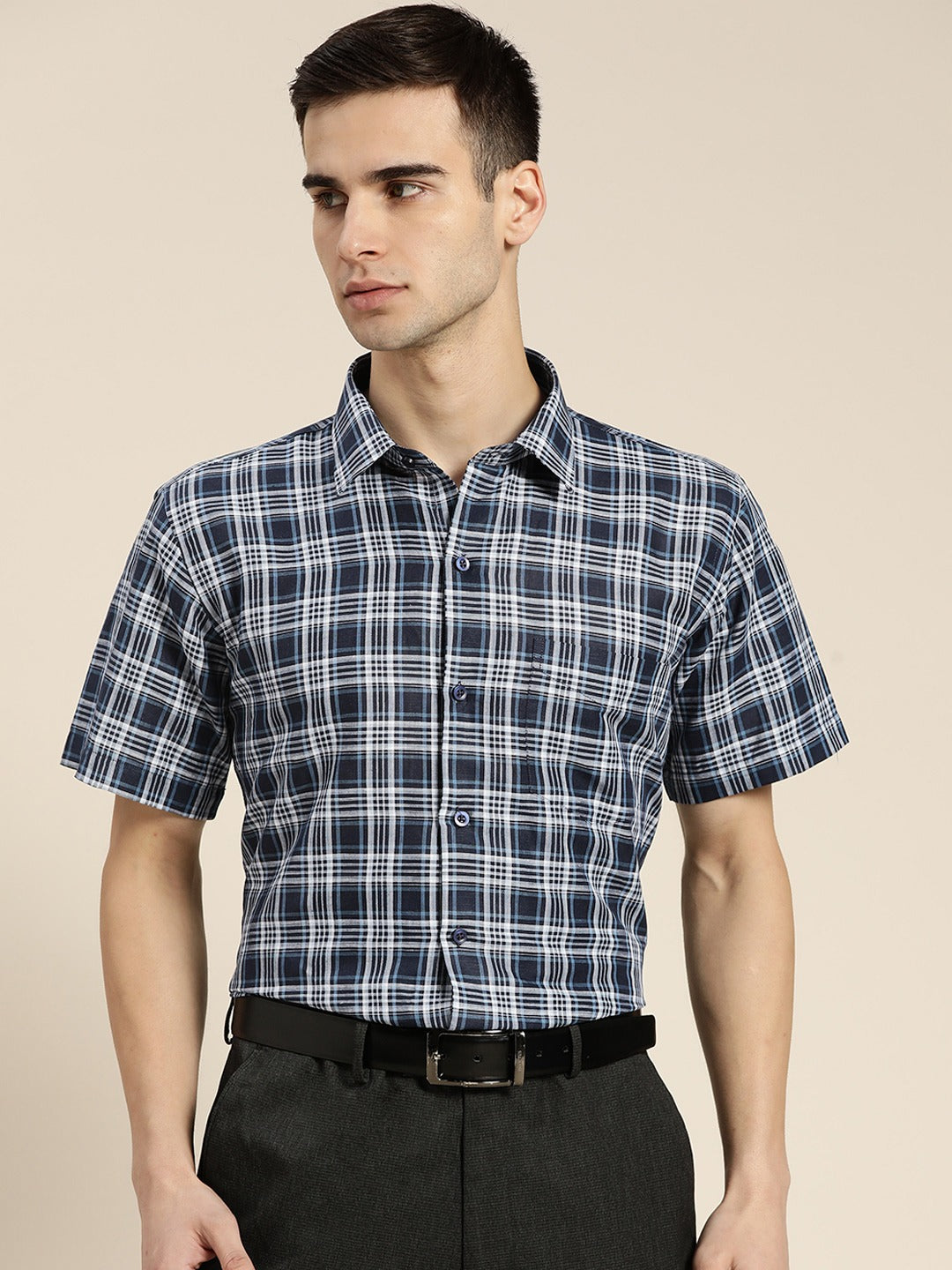 Men Navy Checks Pure Linen Slim Fit Formal Shirt
