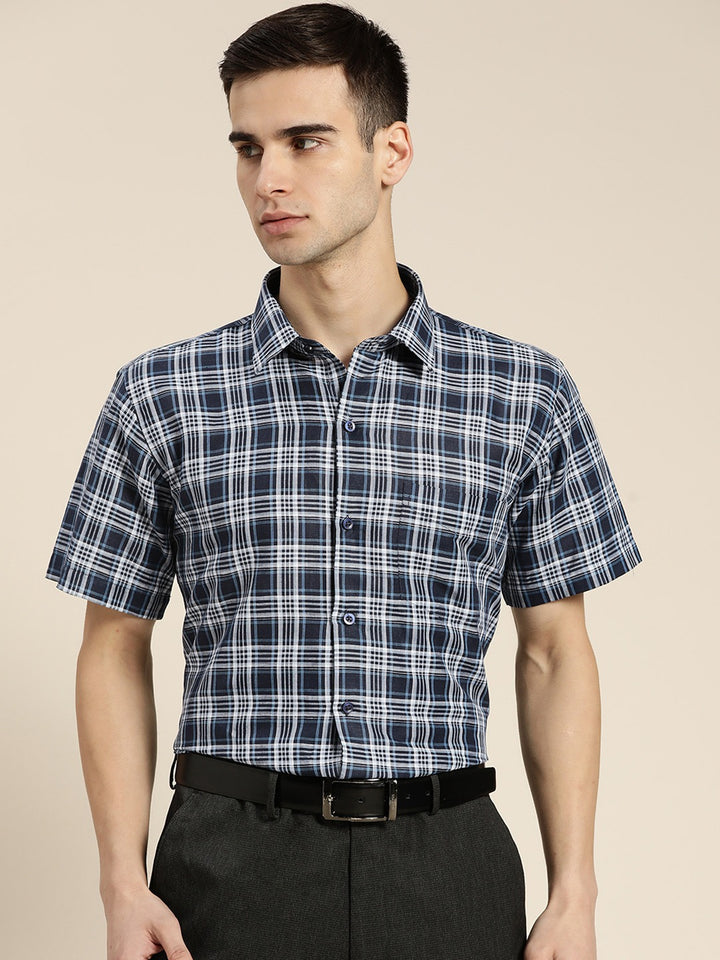 Men Navy Checks Pure Linen Slim Fit Formal Shirt