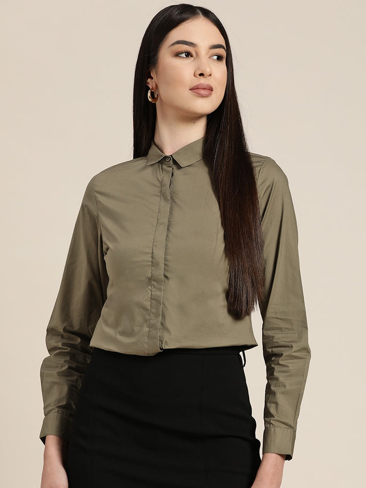 Women New Olive Solids Pure Cotton Slim Fit Formal Shirt
