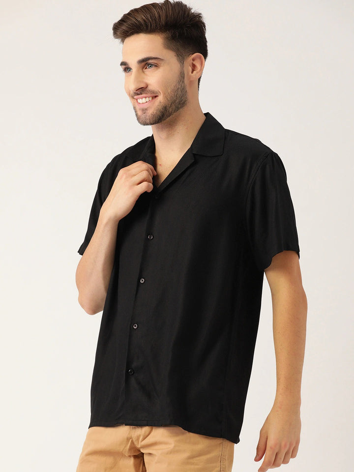 Men Black Solid Viscose Rayon Relaxed Fit Casual Resort Shirt