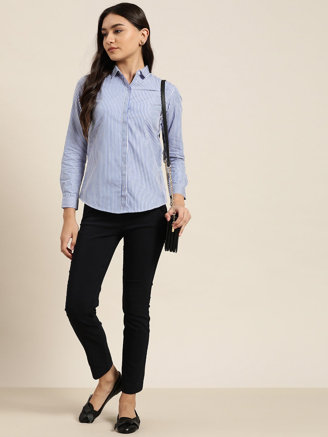 Women White & Blue Stripes Pure Cotton Slim Fit Formal Shirt