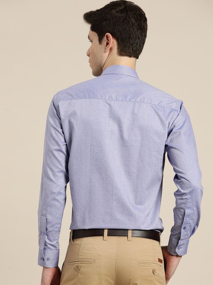 Men Blue Solid Chambray Button Down Collar Slim Fit Formal Shirt