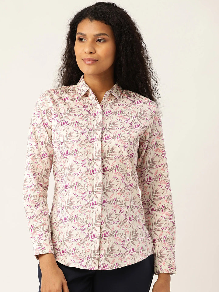 Women Cream & Purple Prints Pure Cotton Slim Fit Formal Shirt