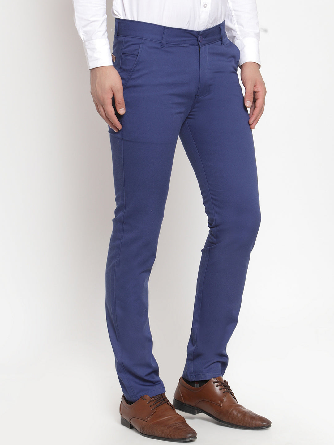 Men Blue Pure Cotton Solid Slim Fit Casual Trouser
