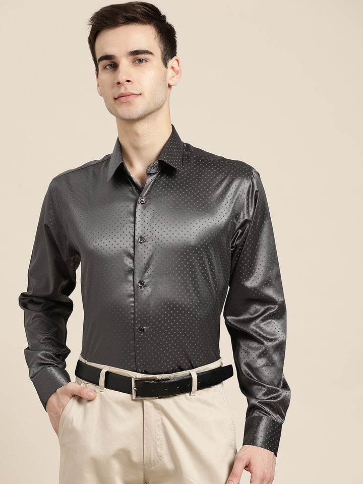 Men Grey Solid Self Design Polyester Satin Slim Fit Party Formal Shirt