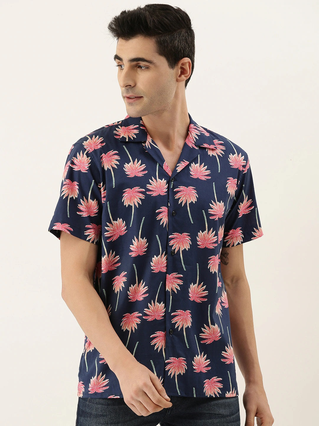 Men Navy & Coral Printed Pure Cotton Relaxed Fit Casual Resort Shirt