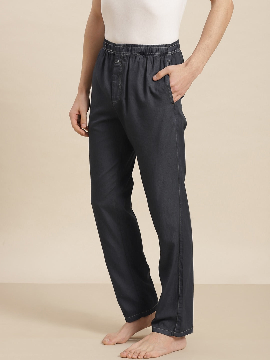Men New Dark Blue Solid Denim Cotton Relaxed Fit Casual Lounge Pant
