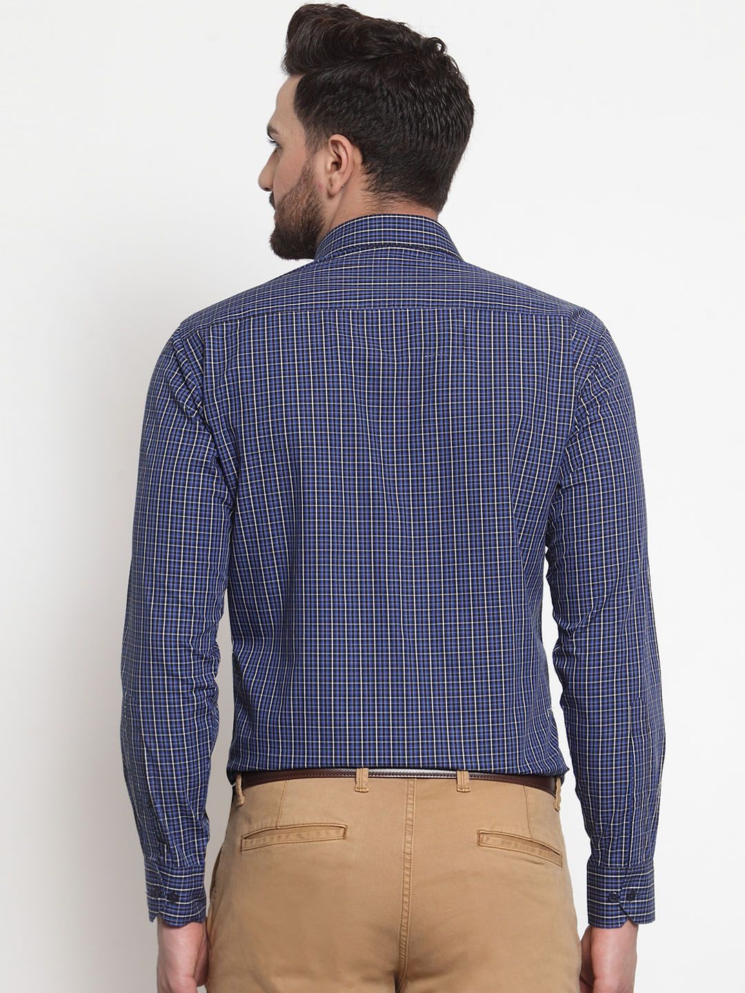Men Navy Pure Cotton Checked Slim Fit Formal Shirt