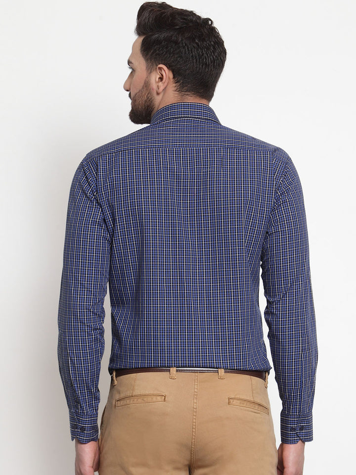 Men Navy Pure Cotton Checked Slim Fit Formal Shirt