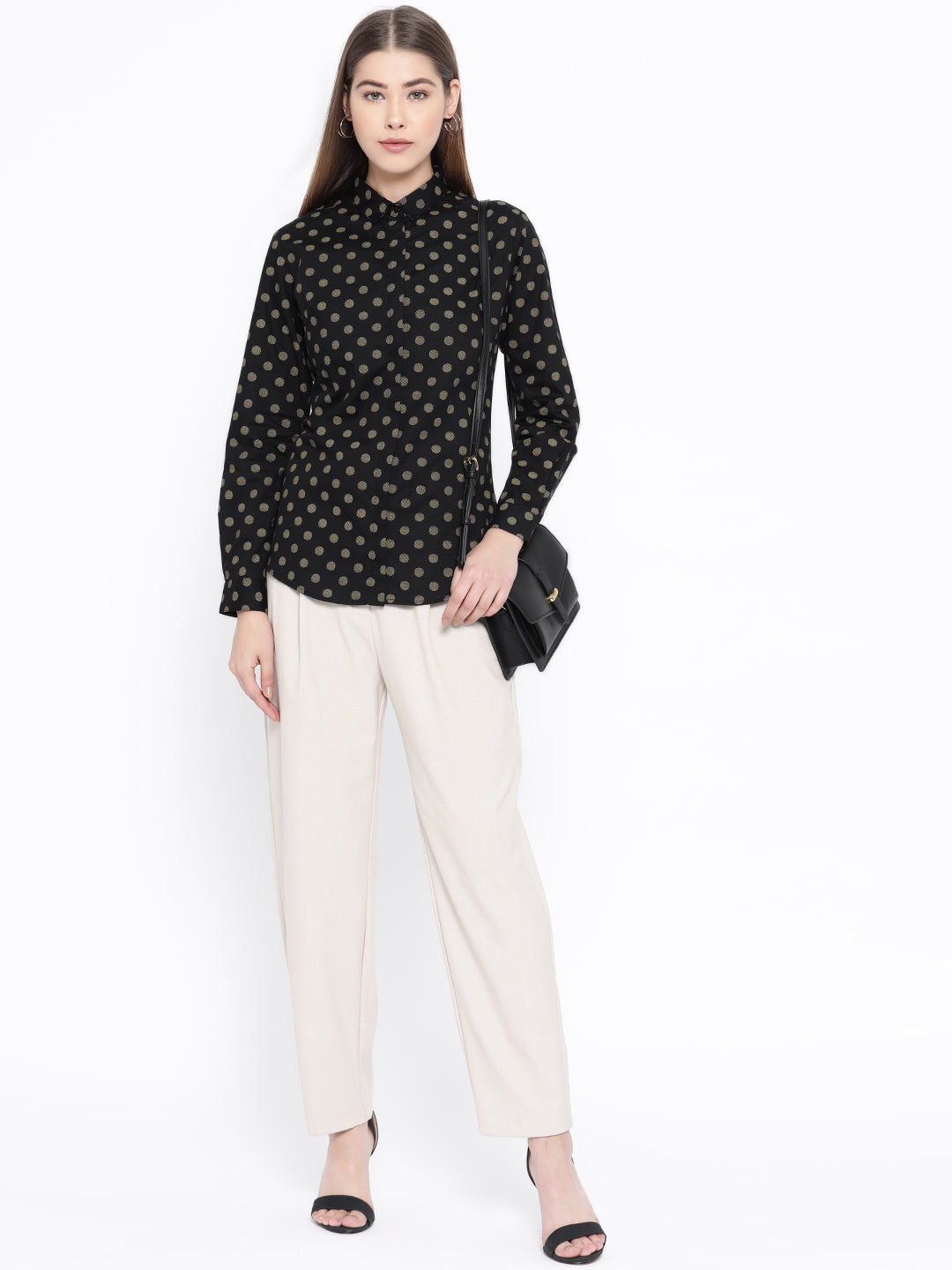 Women Black & Beige Pure Cotton Printed Slim Fit Formal Shirt