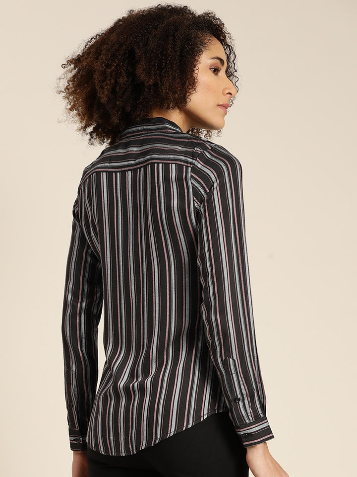 Women Black Stripes Viscose Rayon Slim Fit Formal Shirt