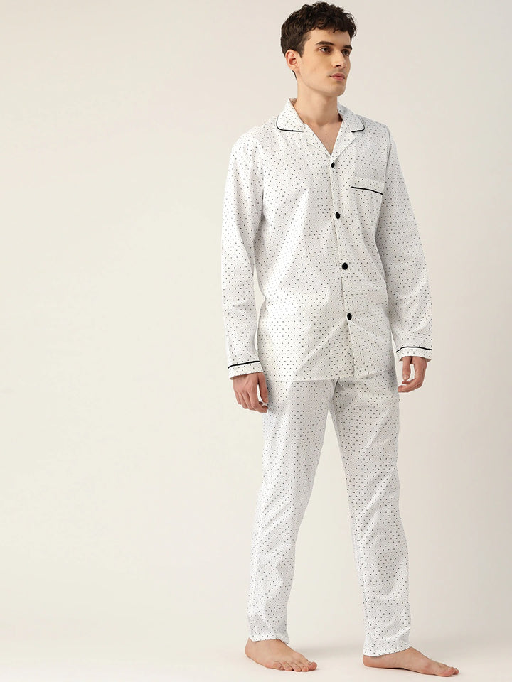Men White Micro Dot Printed Pure Cotton Regular Fit Night Wear Night Suit