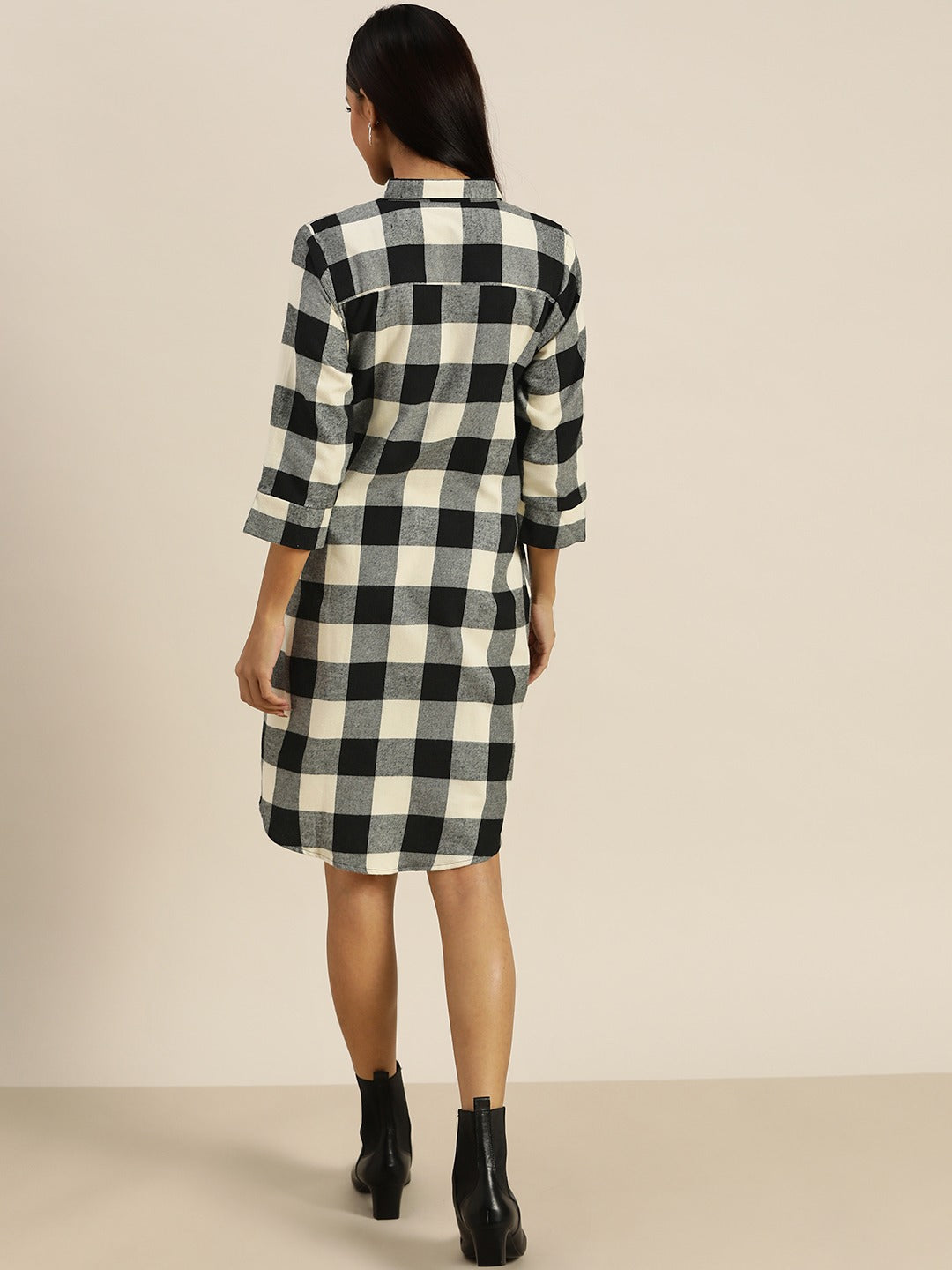 Women Black & Grey Checks Pure Cotton Regular Fit Formal Dress