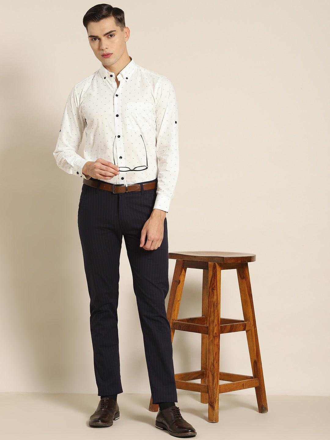 Men Navy Stripes Cotton Elastene Slim Fit Formal Trouser