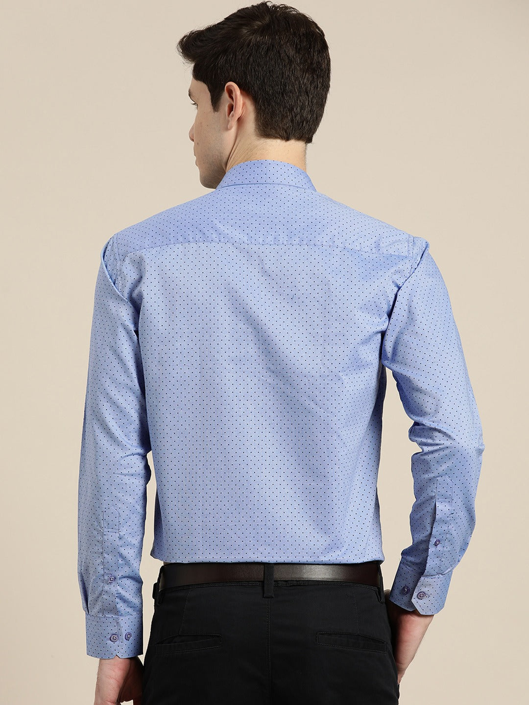 Men Blue Chambray Polka Micro Dot Print Cotton Rich Slim Fit Formal Shirt